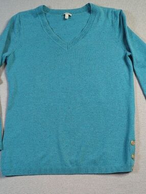 Talbots Teal Speckled Knit Sweater Women’s Medium V Neck Button Hem Nep Knit